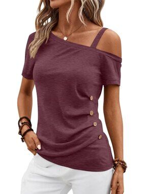 👑 Women's Burgundy Short Sleeve Off Shoulder Asymmetrical Button Blouses Tops